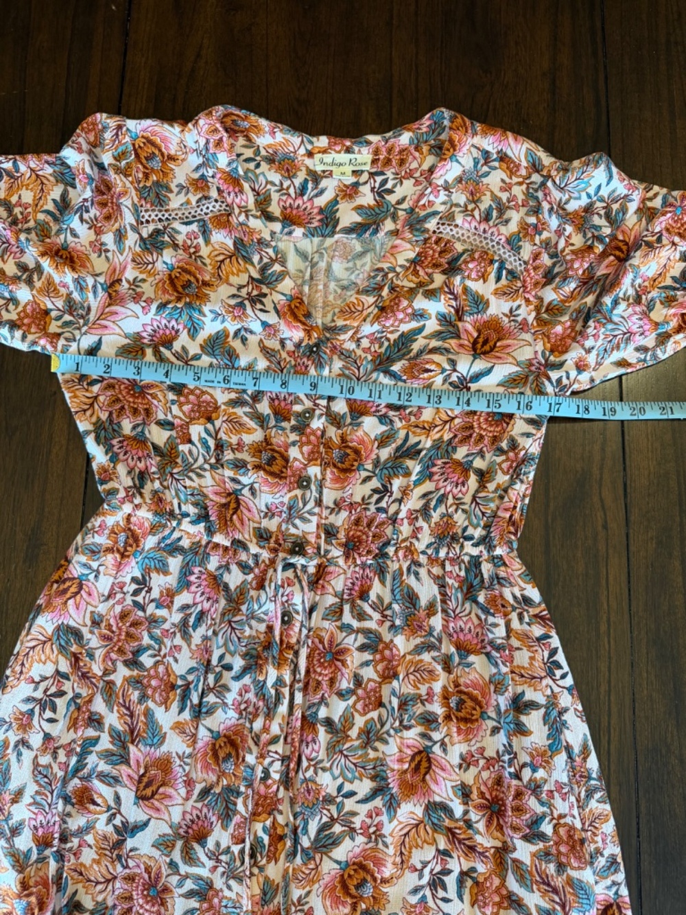 Indigo Rose Pink Floral Maxi Dress Button Down Tiered, V-neck, Size Medium - Picture 12 of 14